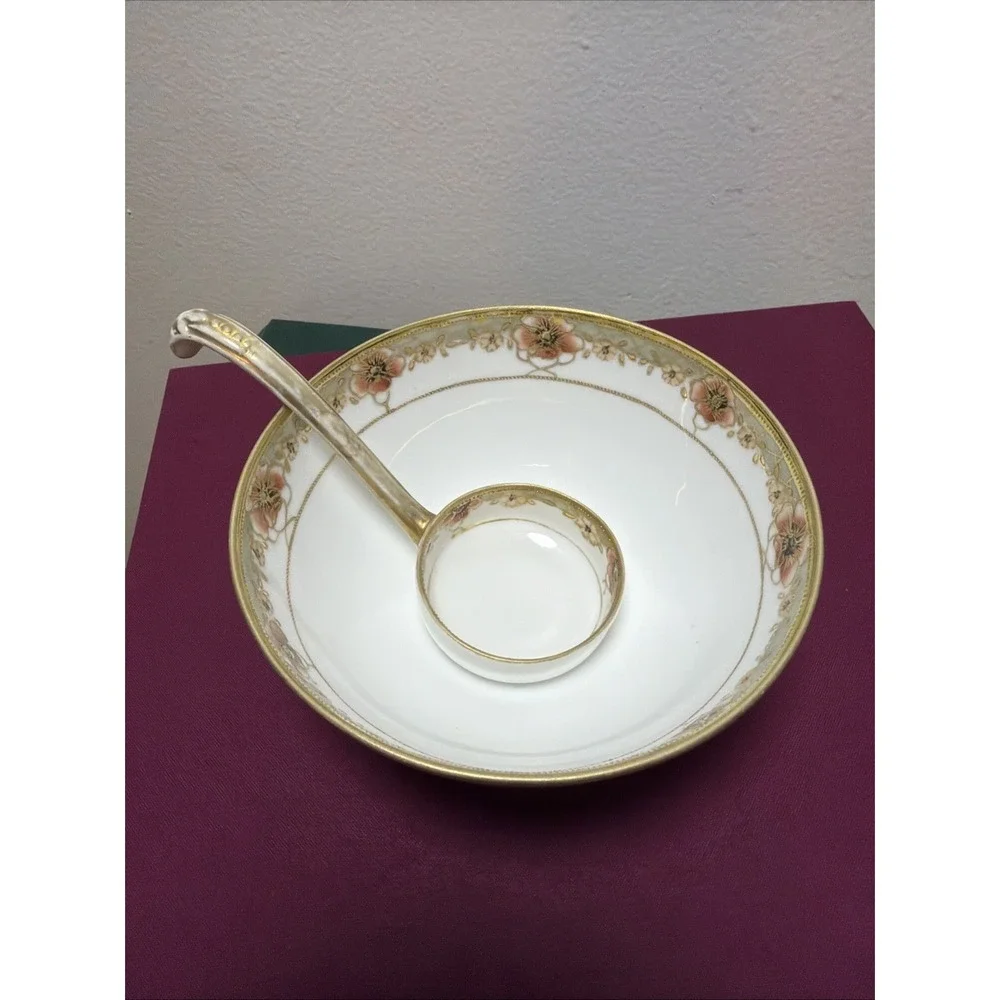 Antique Nippon Porcelain Hand Painted Footed Condiment Bowl with Matching Ladle